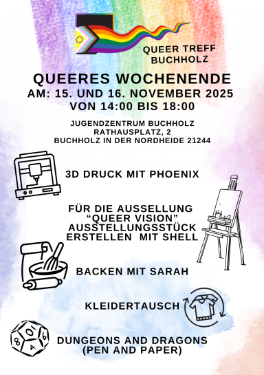 Buntes Plakat für ein queeres Wochenende mit verschiedenen Aktivitäten und Terminen.